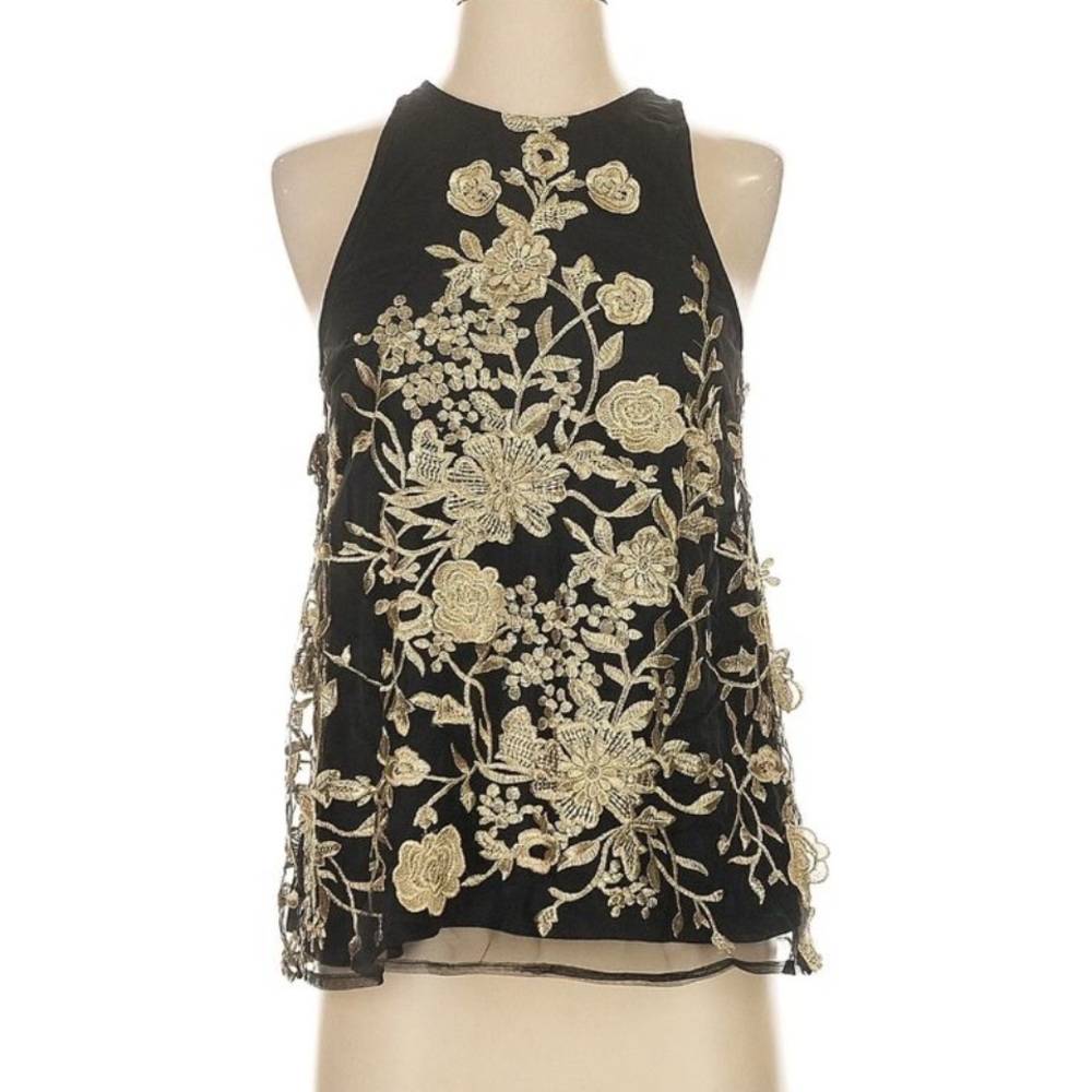 ANTHROPOLOGIE Sunday In Brooklyn Blouse XS | Black & Gold Sleeveless Floral Top